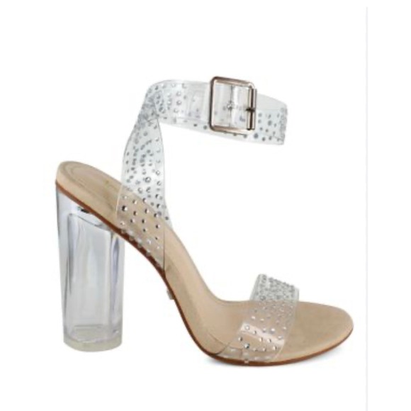 bebe Shoes - Bebe Clear Rhinestone Ankle Strap Lucite Heel Sandals Size 6.5